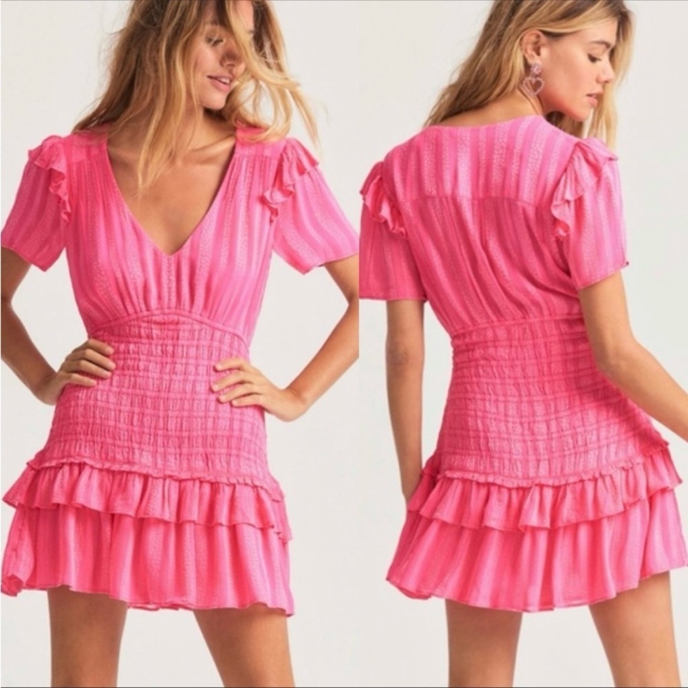 LOVESHACKFANCY Rena Dress Watermelon
Ice Pink Magenta Stripe Ruffle Smocked‎